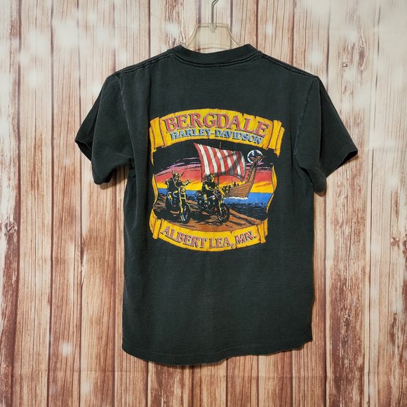Vintage Harley-Davidson Bergdale Vikings Sea Ship Pocket Single Stitch Shirt L. - Picture 1 of 3